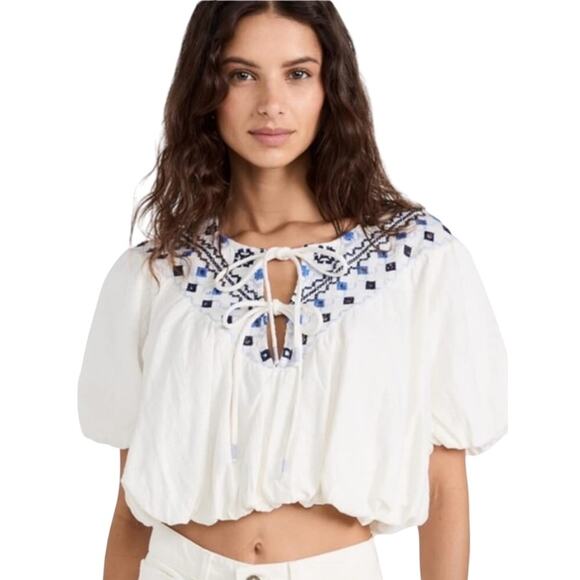 Free People Tops - Free People Joni sz XL Embroidered Puff Sleeve Top boho peasant NWT